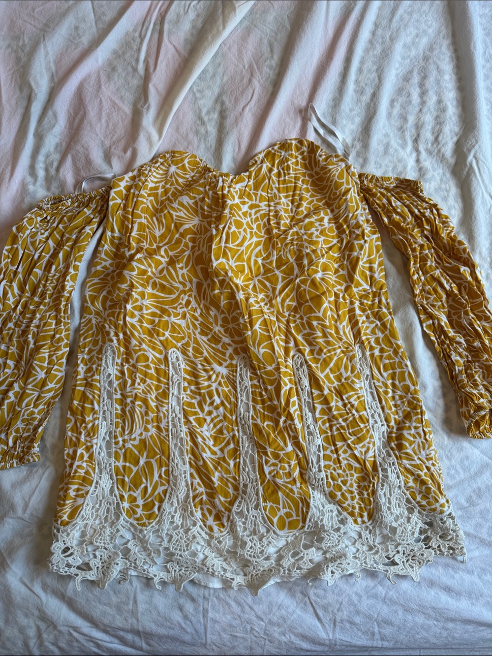 Lovers + Friends Yellow Floral Strapless Lace-Hem Dress